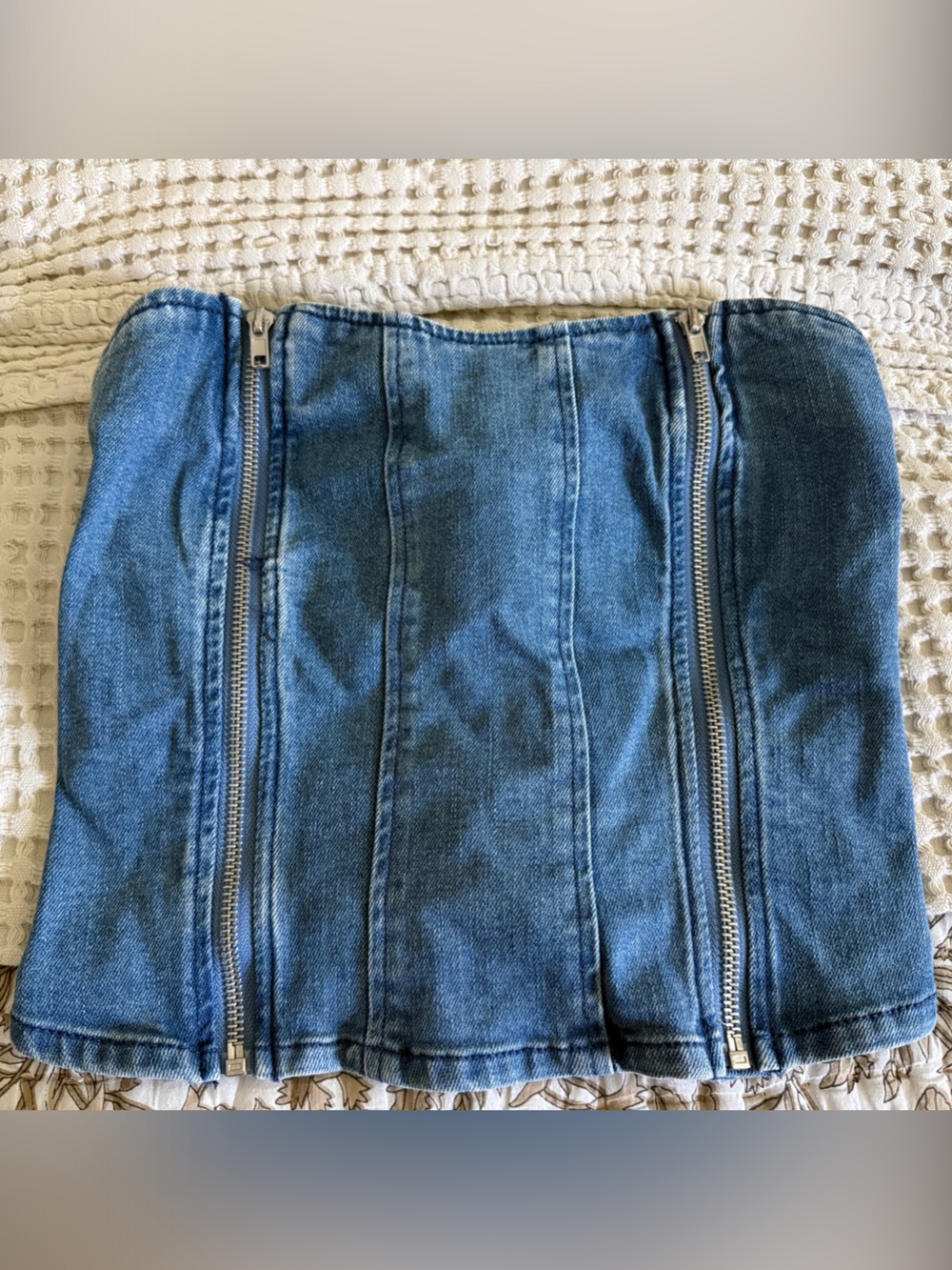 Forever 21 Blue Denim Zip-Front Cropped Tube Top